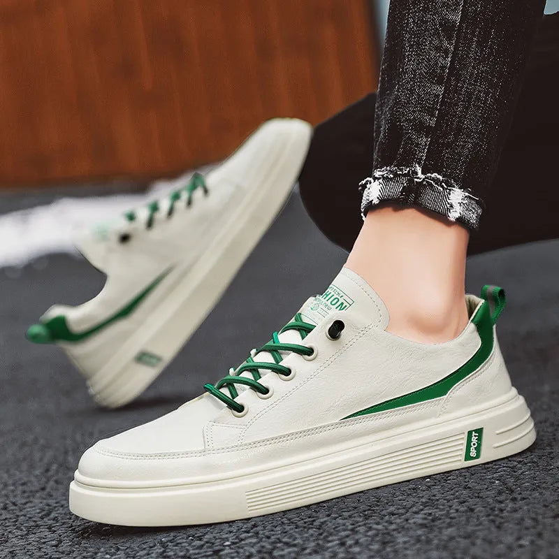 Men's low-top microfiber casual sneakers with rubber sole, elastic band, white or green, sizes 39-44