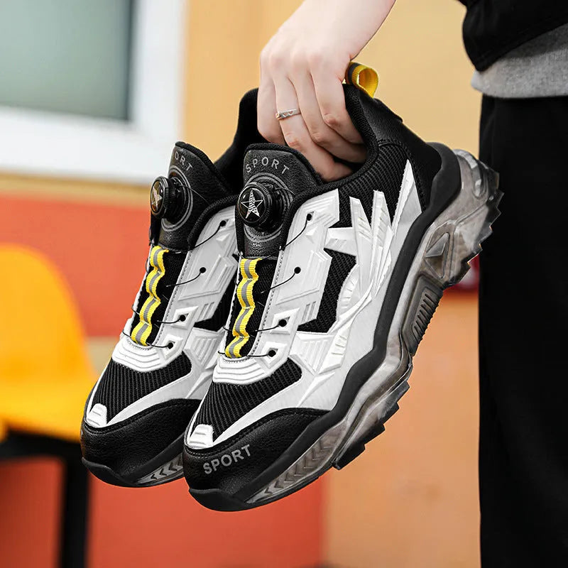 Men's black rotating button casual shoes with mesh upper and platform soles for height increase