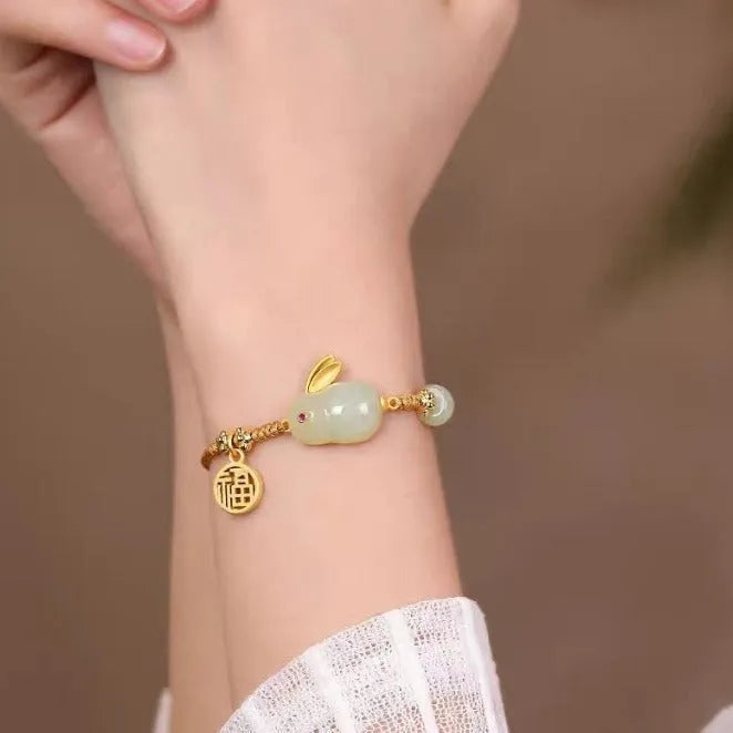 Hetian jade rabbit bracelet with yellow string and geometric charm jewellery for women