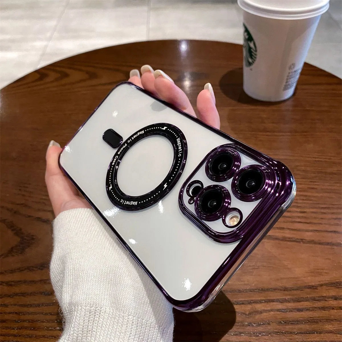 Transparent magnetic silicone iPhone case with electroplated finish and all-inclusive lens frame