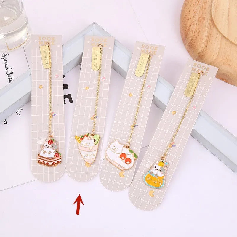 Jane Key Foodie Cute Pet Cat cartoon design metal pendant bookmark on PVC card.