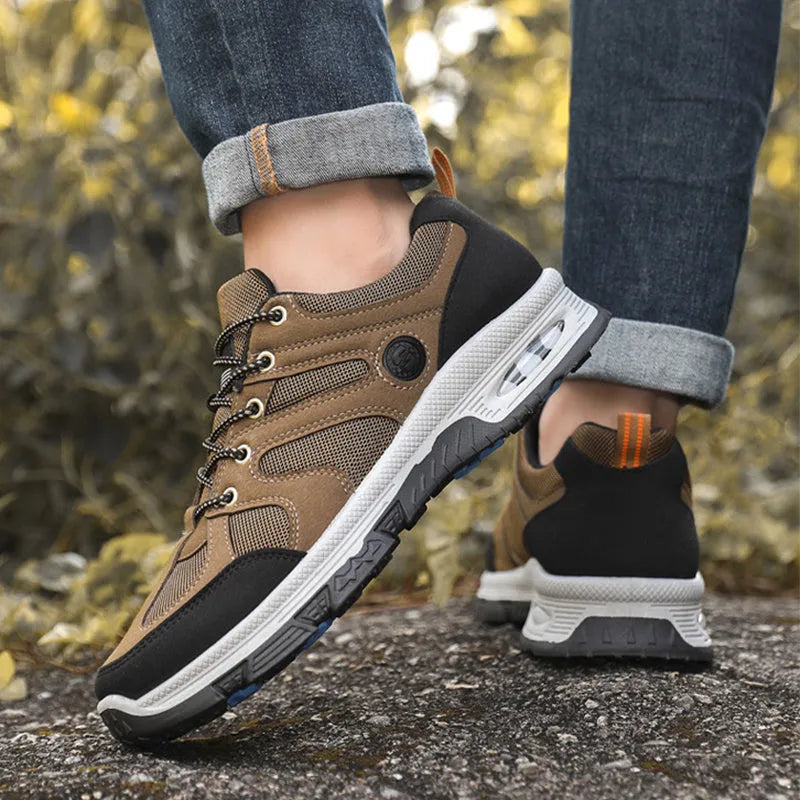 Men's breathable mesh sneakers with EVA sole, elastic lace-up fit, black camel grey, sizes 39 to 45