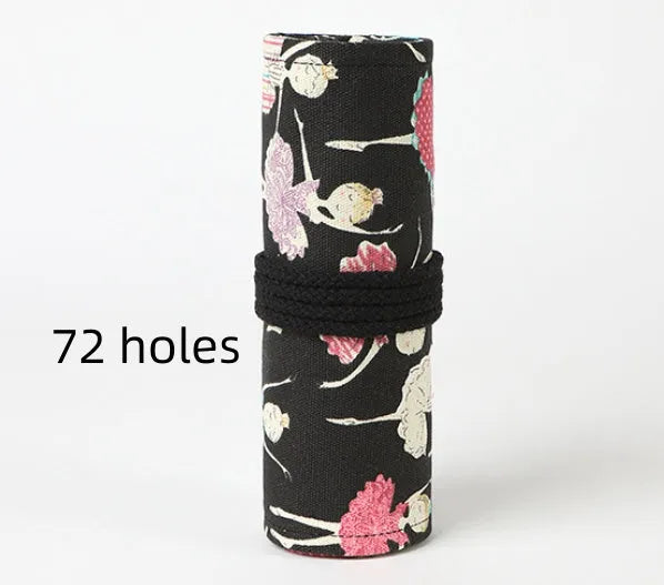 Square canvas rolling pencil case with ballet girl print, showing multiple holes for pencils