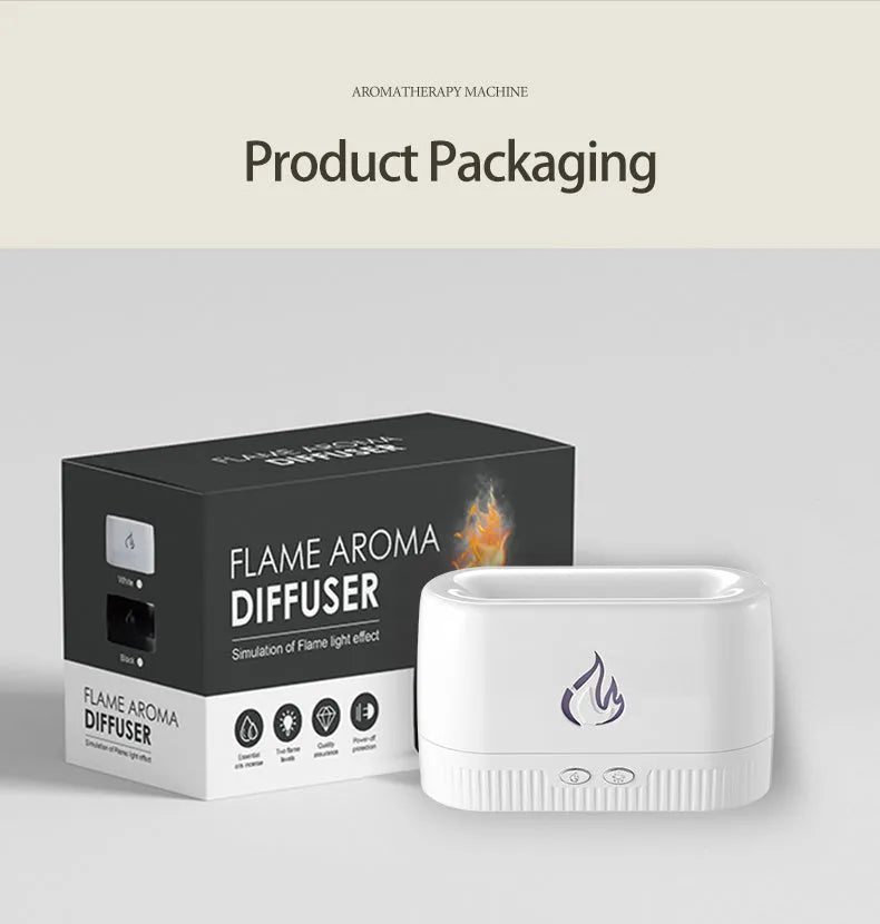 White flame aroma diffuser with 230ml tank, USB cable, on a wooden table, showing mist and flame effect