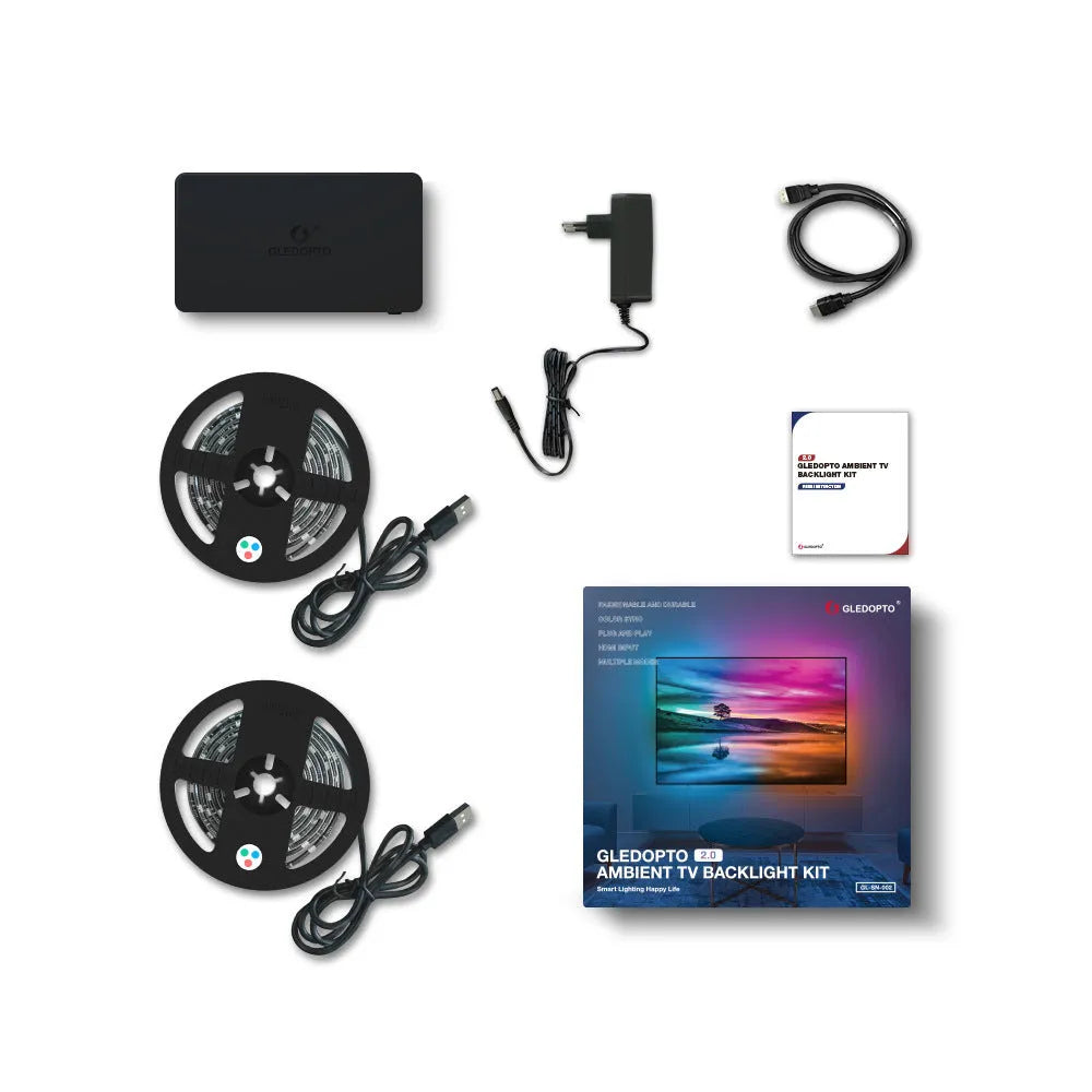 HDMI splitter box with dual ports and RGB light strip controller for PC and TV displays.