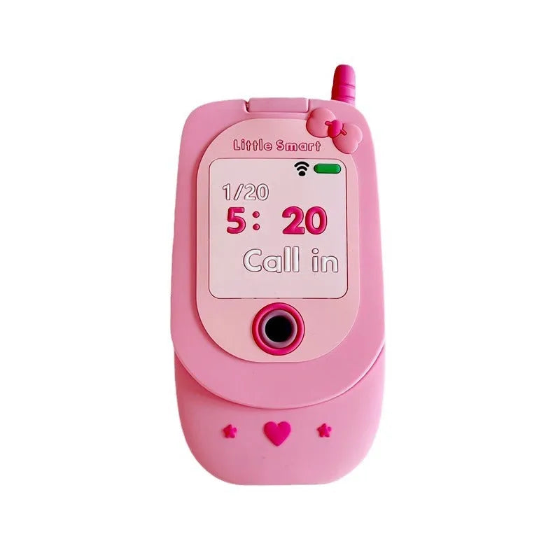 Pink silicone iPhone case shaped like a flip phone with a built-in mirror on the front.
