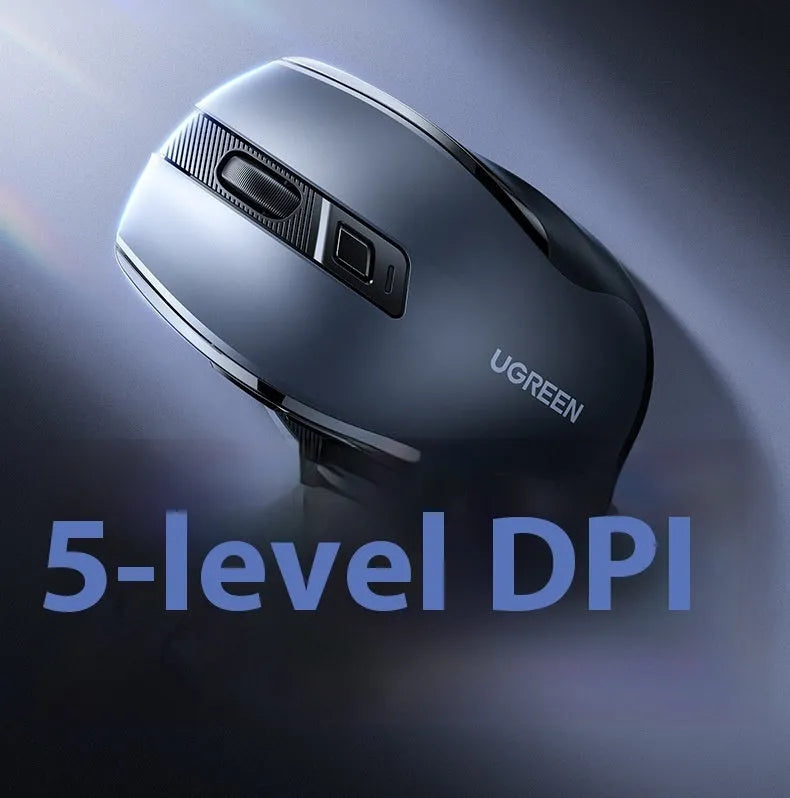 Black dual-mode wireless mouse with light tone button, five DPI settings and side silicone finger rest