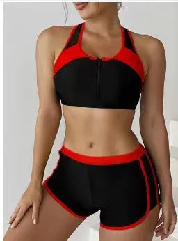 Matching Front Chest Zipper Sports Racing Foreign Trade Swimsuit Women Polyester Briefs Floral Sexy Swimwear Lake Blue Red Sapphire Blue White Yellow S M L XL 2XL