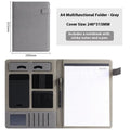Black leather A4 business folder open, showing interior document space, pen loop, and optional notepad.