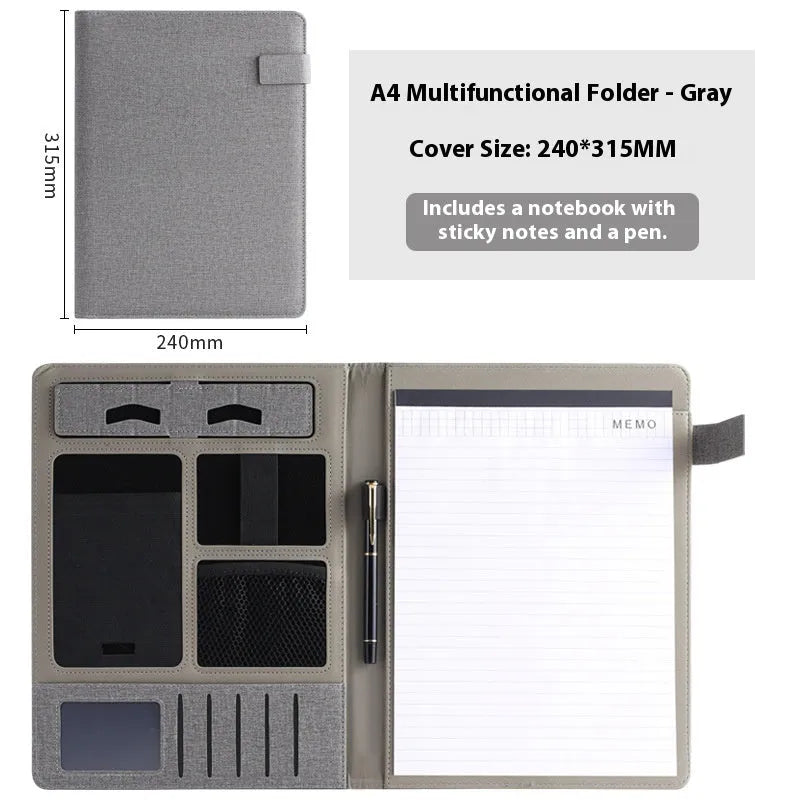 Black leather A4 business folder open, showing interior document space, pen loop, and optional notepad.