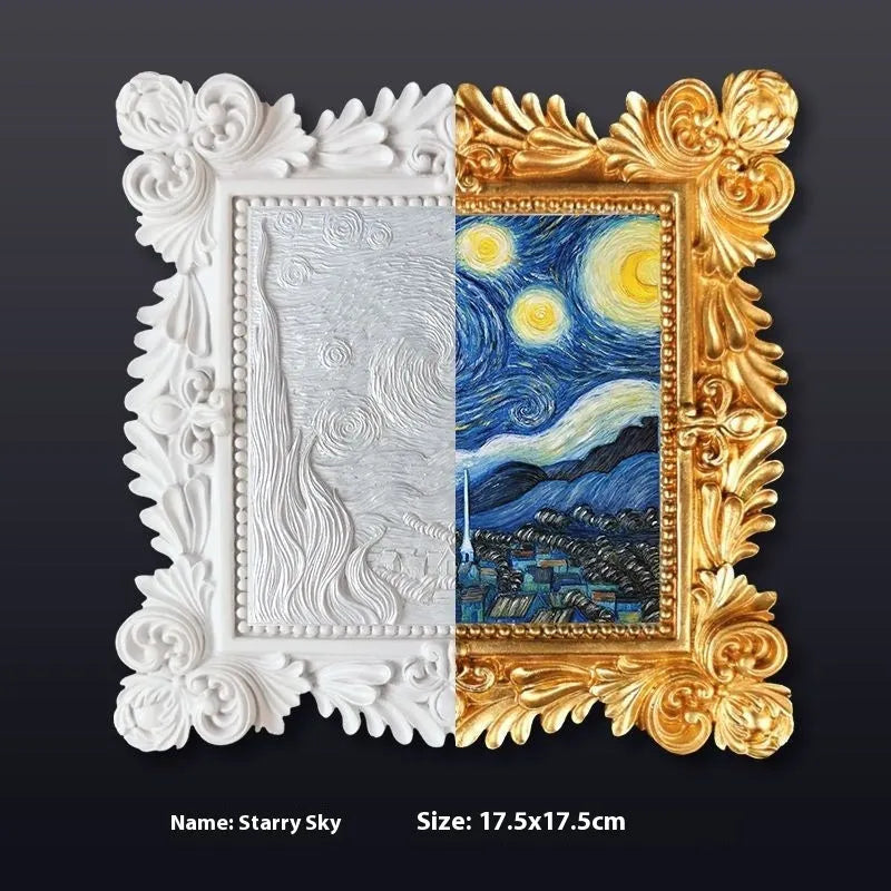 DIY oil painting kit with colour pots, brushes, and a canvas showing Van Gogh's Starry Night design.