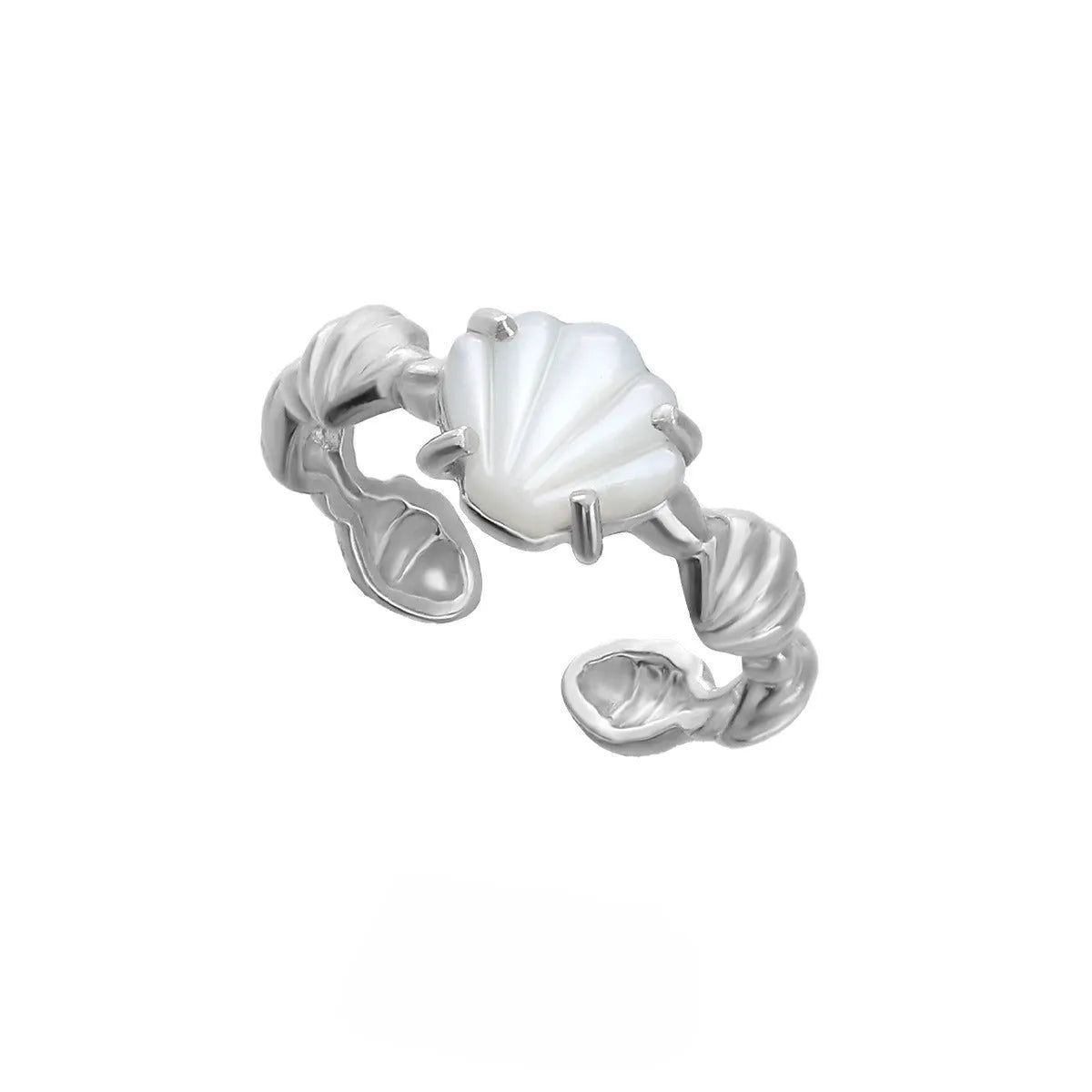 Adjustable silver women's ring with tiger eye and shell inlay in gold or white gold finish.