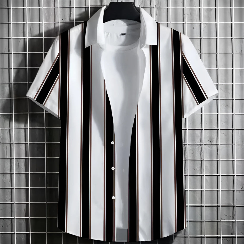 Men's linen short sleeve T-shirt with a 3D printed striped pattern, shown in multiple colour options.