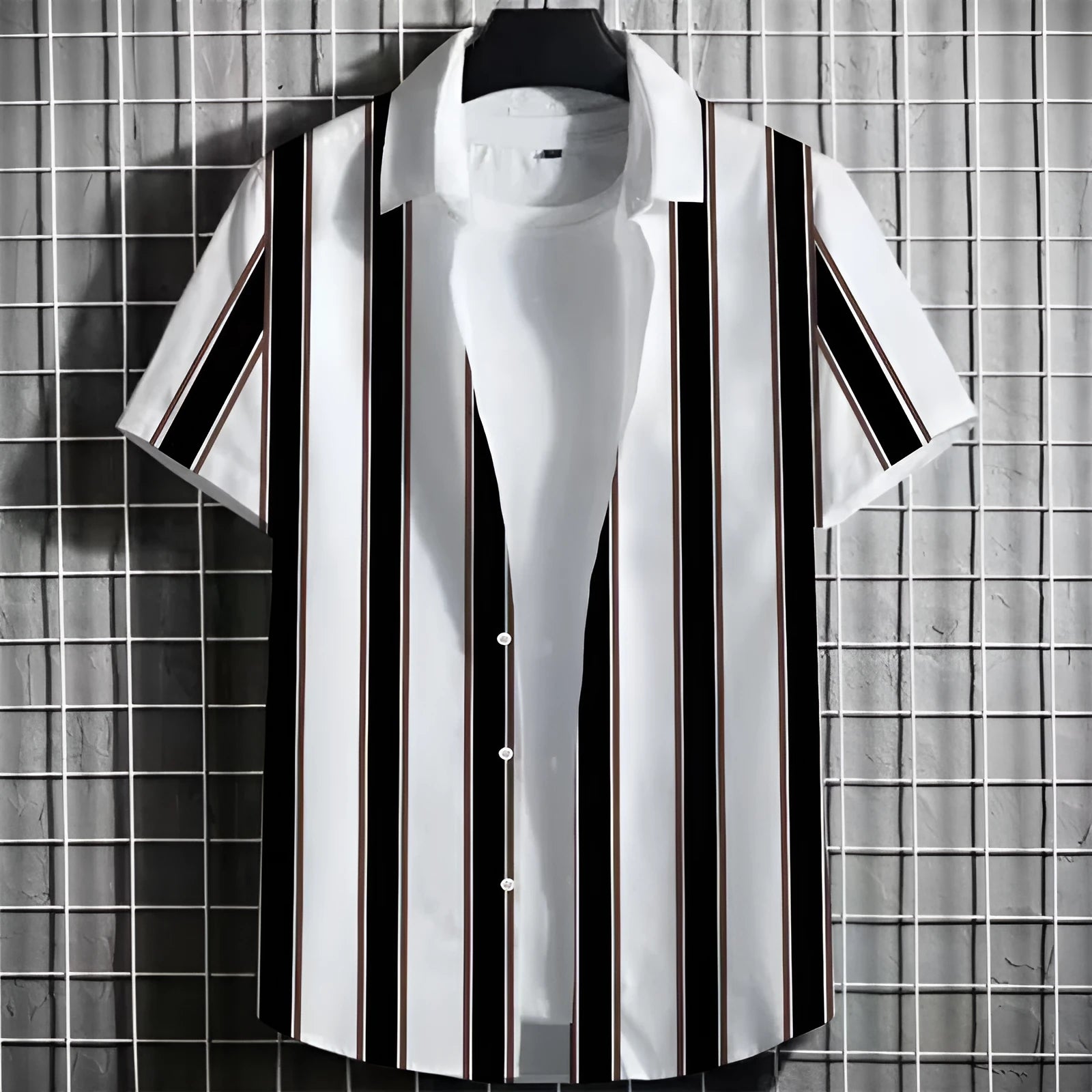 Men's linen short sleeve T-shirt with a 3D printed striped pattern, shown in multiple colour options.