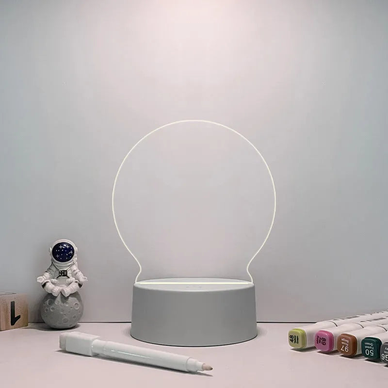 Acrylic message board night lamp with round base and warm light, four interchangeable panels, USB powered