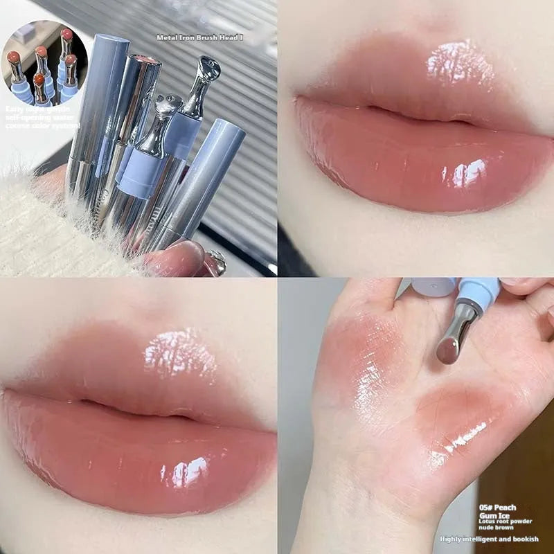 Mirror Water Light lipstick in six translucent ice shades on a white background.