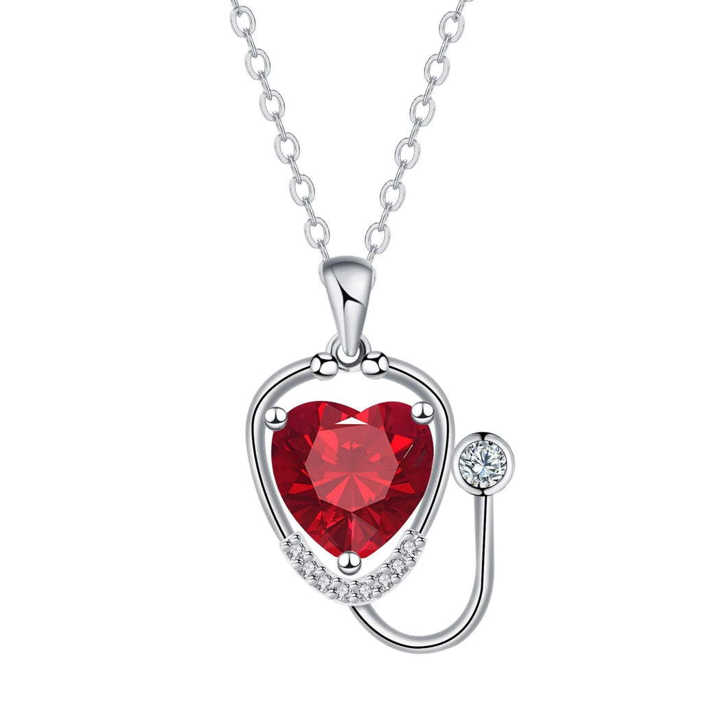Women's copper stethoscope pendant necklace with electroplated red diamond colour finish