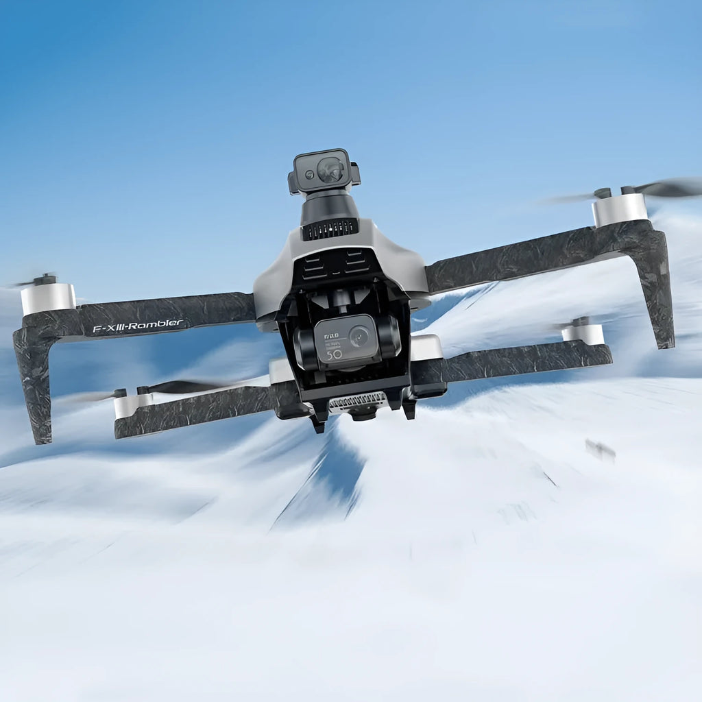White foldable quadcopter drone with camera and propeller guards on a grey background