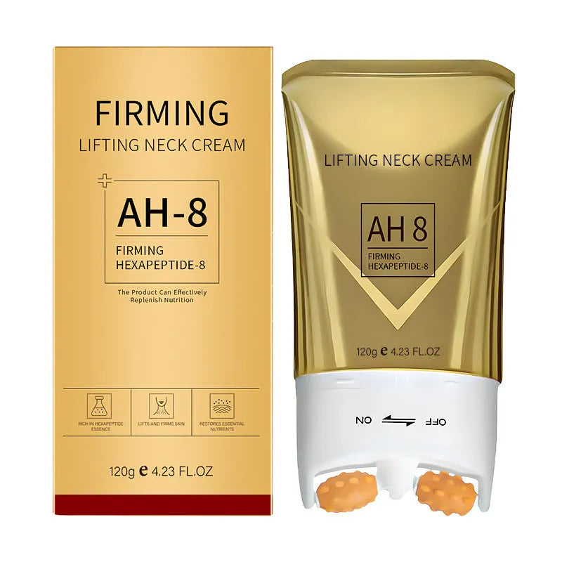 Neck cream with roller applicator in 8.8 x 3.5 x 16.5 cm container, 120g wrinkle treatment
