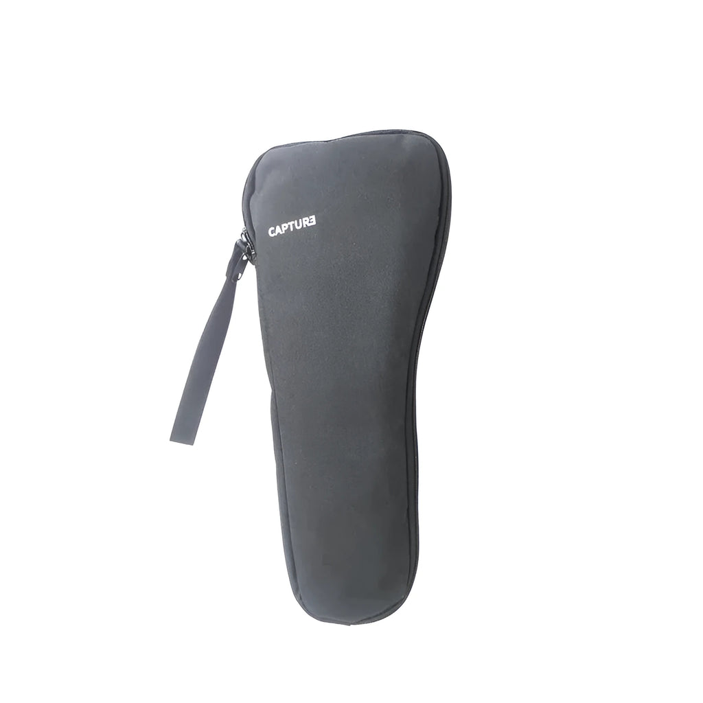 Black cloth padded storage bag for a mobile phone gimbal, shown with an open zip revealing a soft interior and mesh pocket.