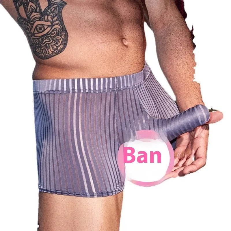 Men's black striped boxer briefs with a cotton blend gusset, shown laid flat.