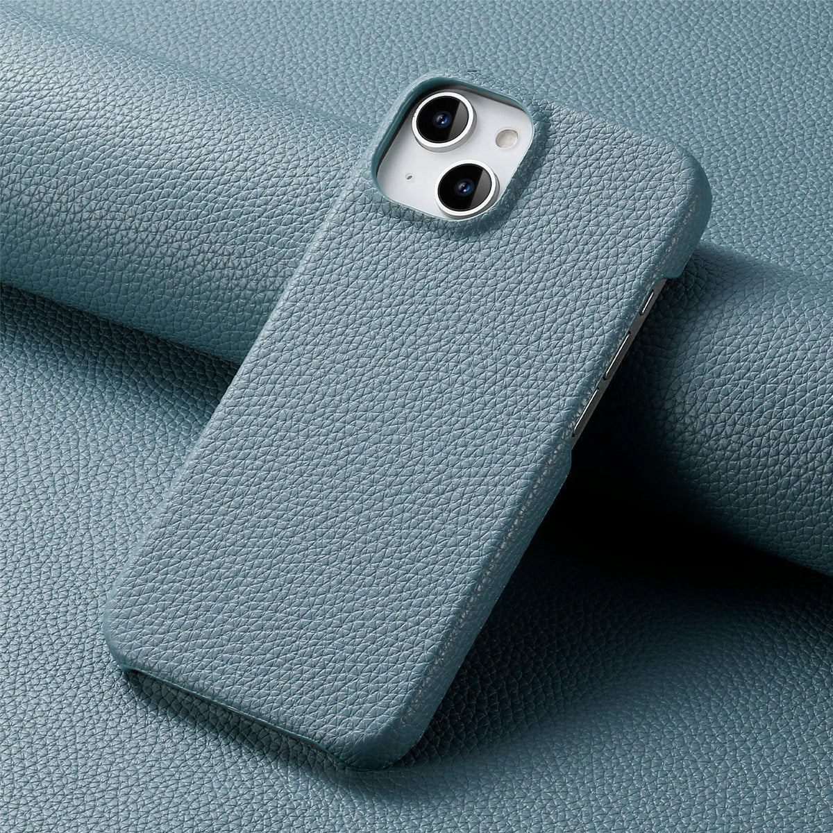 PU leather litchi grain iPhone case in matcha green with airbag and electroplating details