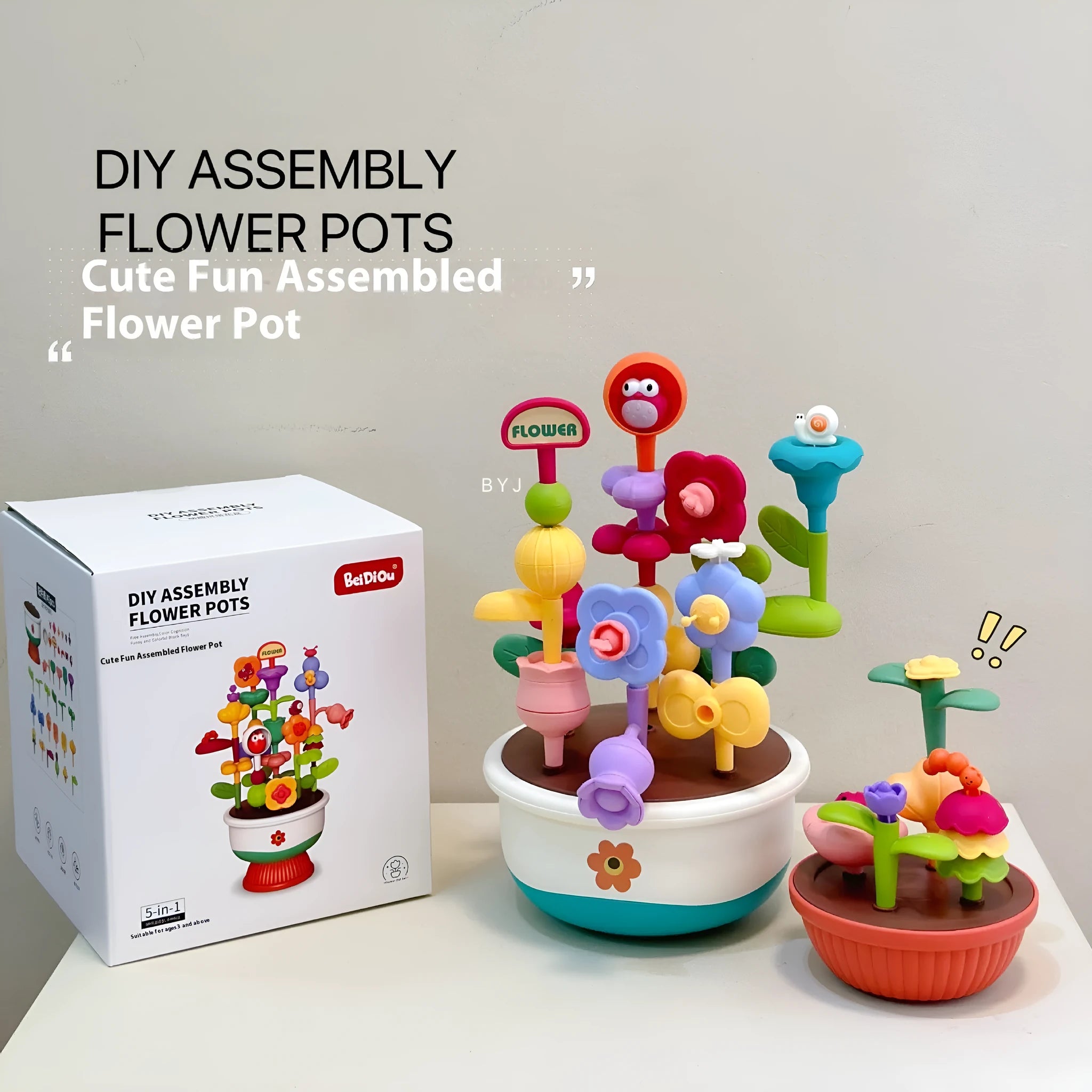 Cute assembly flowerpot building blocks plastic set in colour box packaging with flower garden design