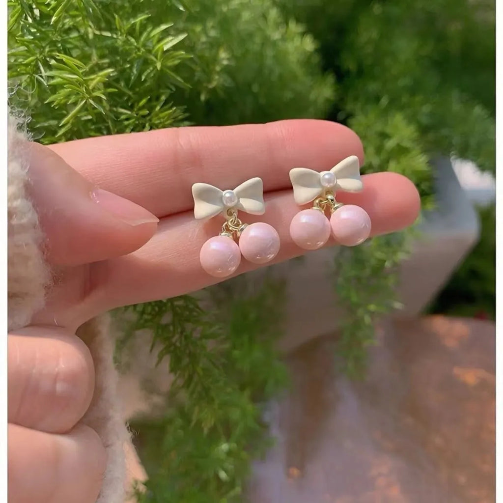 Pink bow shape heart pearl earrings for women alloy electroplated