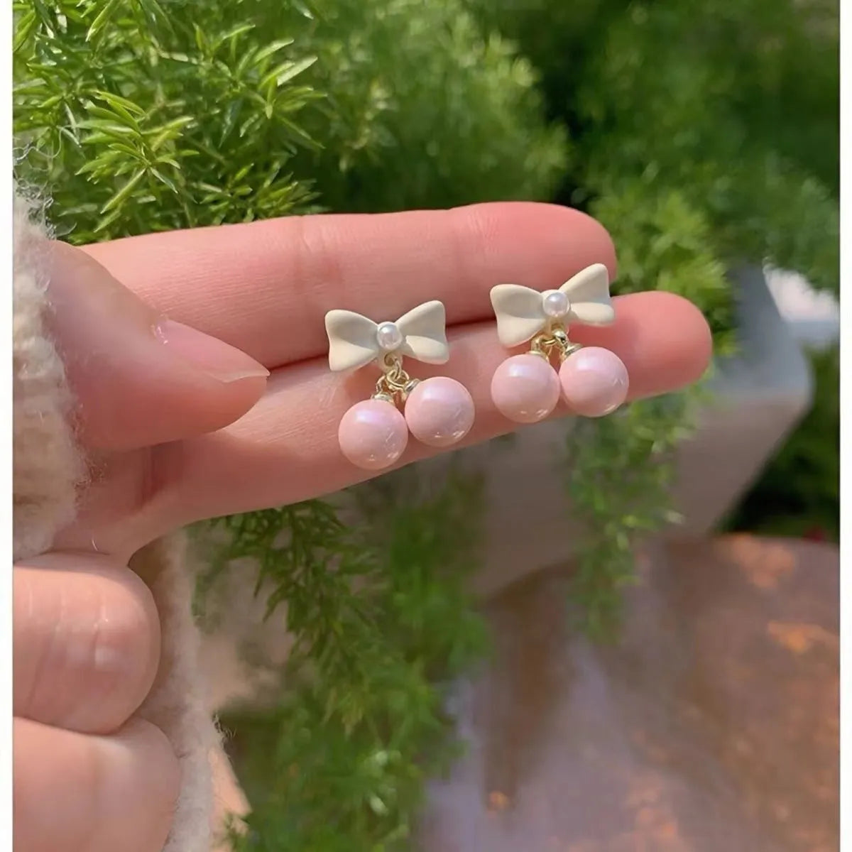 Pink bow shape heart pearl earrings for women alloy electroplated