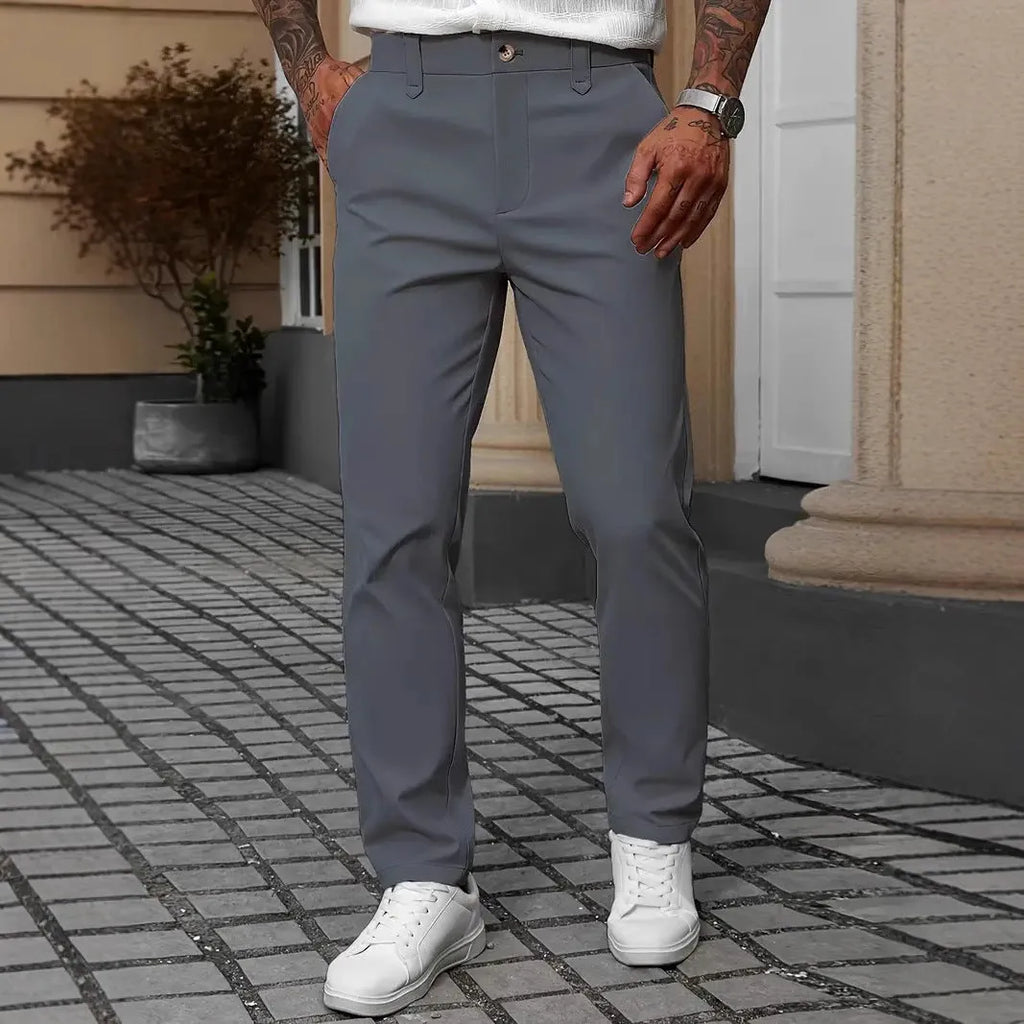 Men's straight leg polyester trousers in four colours: black, apricot, white and grey