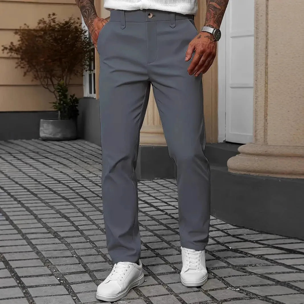 Men's straight leg polyester trousers in four colours: black, apricot, white and grey