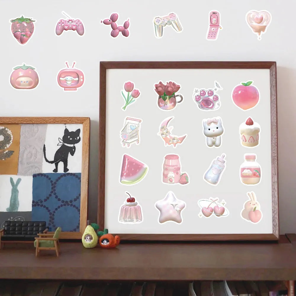 Sheet of 63 light pink 3D decorative stickers with cute girl and heart designs.