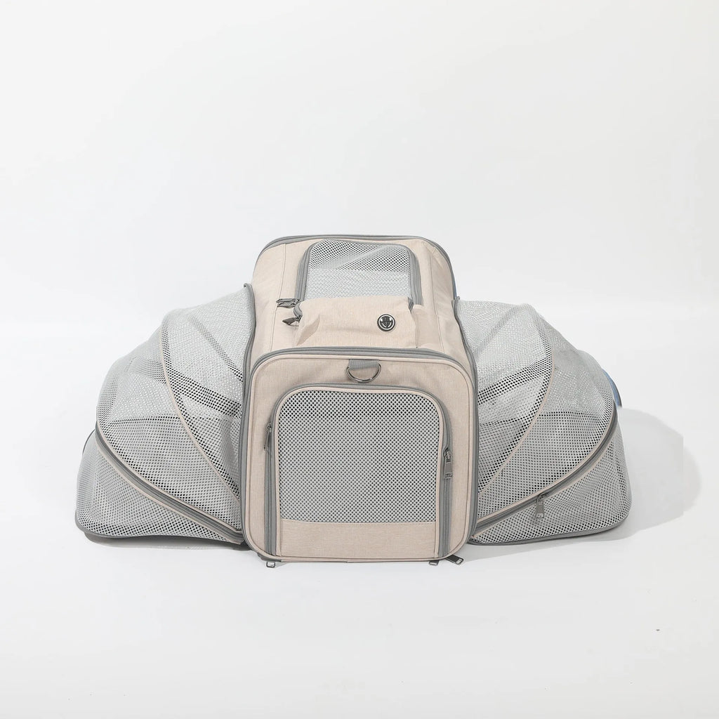 Oxford cloth cat carrier bag in beige extendable style on light background