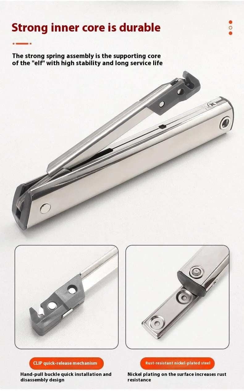Cold rolled steel cabinet door support rod with spring mechanism for flap-up doors.