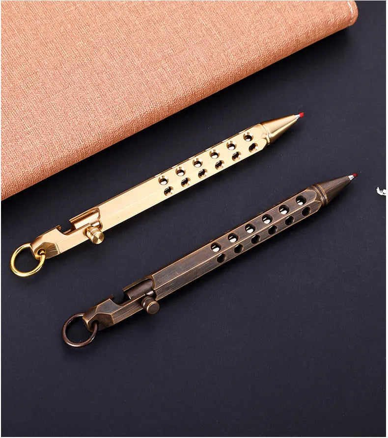 Brass hexagonal bolt action rollerball pen showing six-angle barrel and bolt mechanism