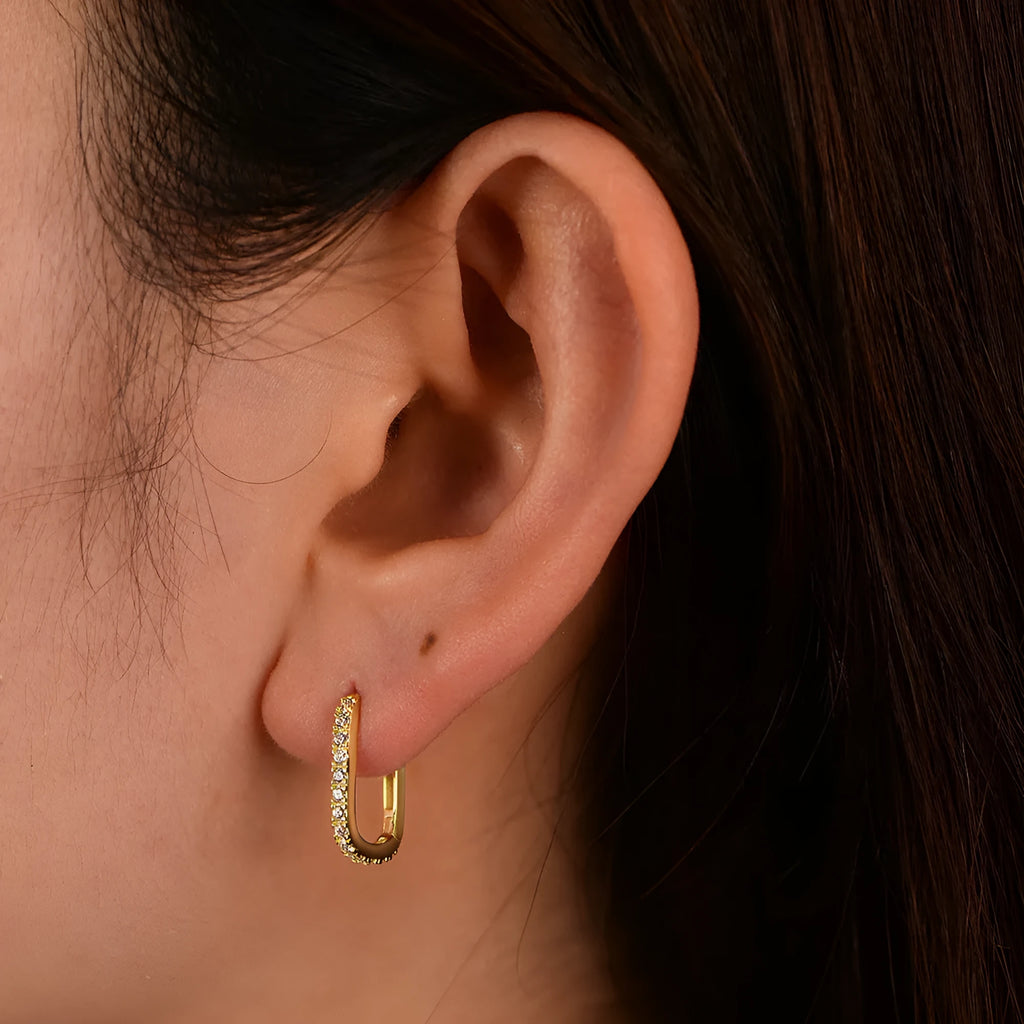 Sterling silver geometric ear clip earrings with oval zircon stones in European-American style