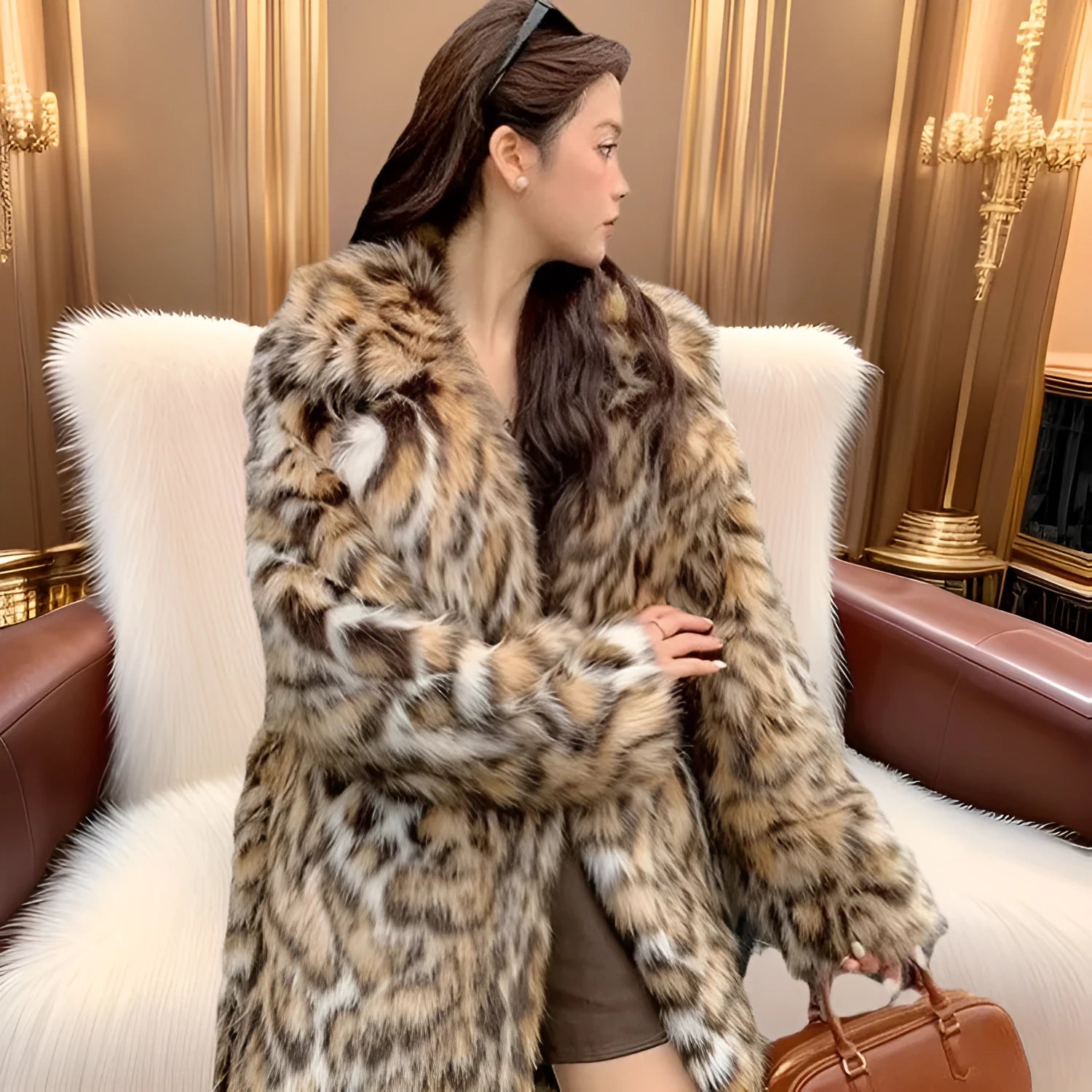 Long faux fur coat with a textured fox fur collar and side pockets.