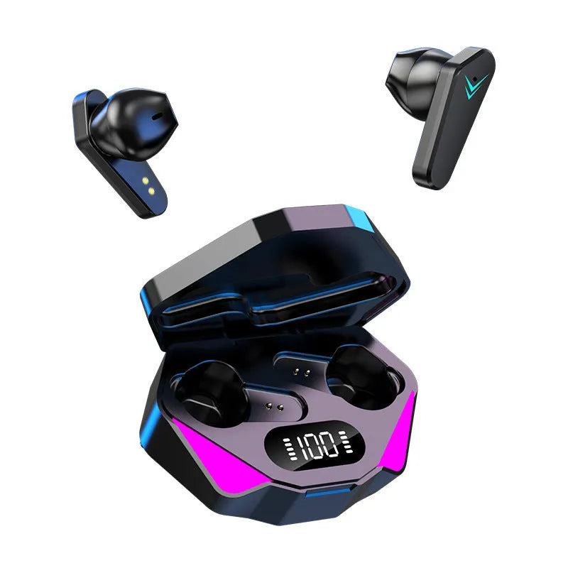 X15 wireless in-ear gaming headphones in black with charging case and cable.