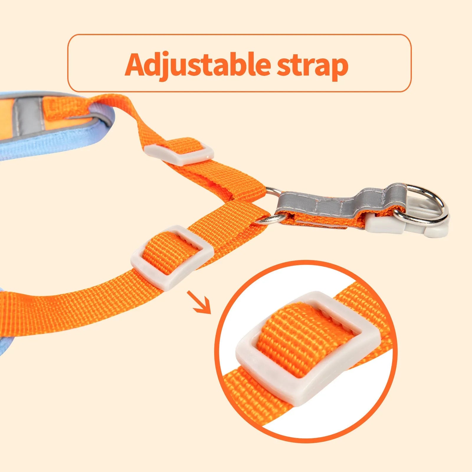 Adjustable dog harness with haulage rope in purple, blue, orange, red, brown, or green.