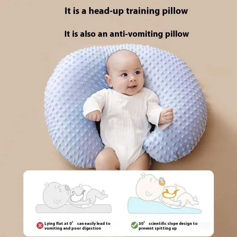Multifunctional nursing pillow with spill prevention in pink, yellow, grey, or light blue colour options.