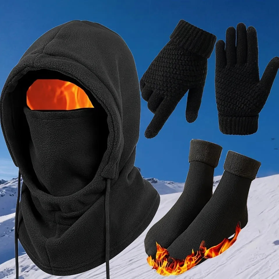 Black polyester winter hat gloves socks set including tapered hat and two pairs of socks