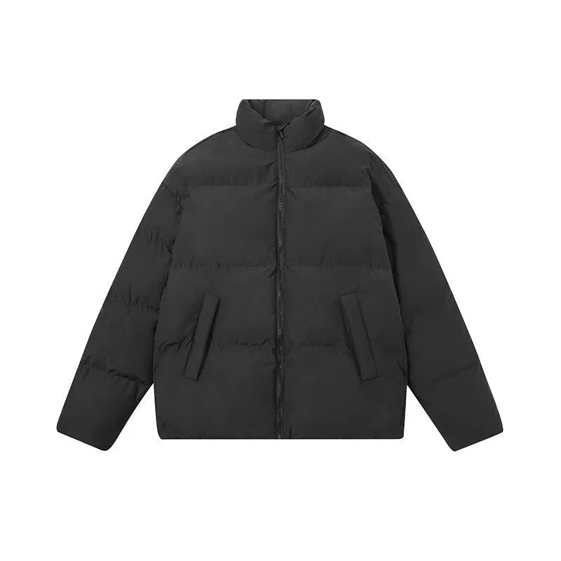 Men's short white duck down jacket with standing collar, 100% polyester shell, available in grey and black