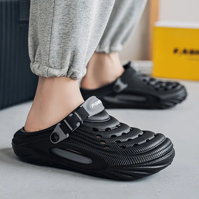 Men's casual platform slippers in white, black, or light green with hollow out EVA upper and slip-on design.