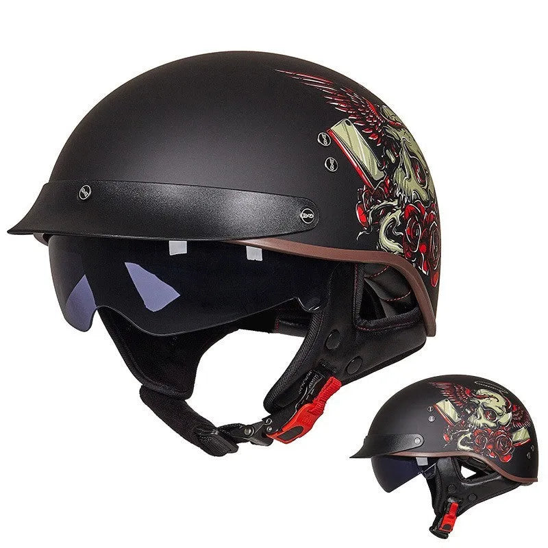 Vintage motorcycle helmet with ABS shell, EPS liner, quick release buckle, and UV protection glasses in black