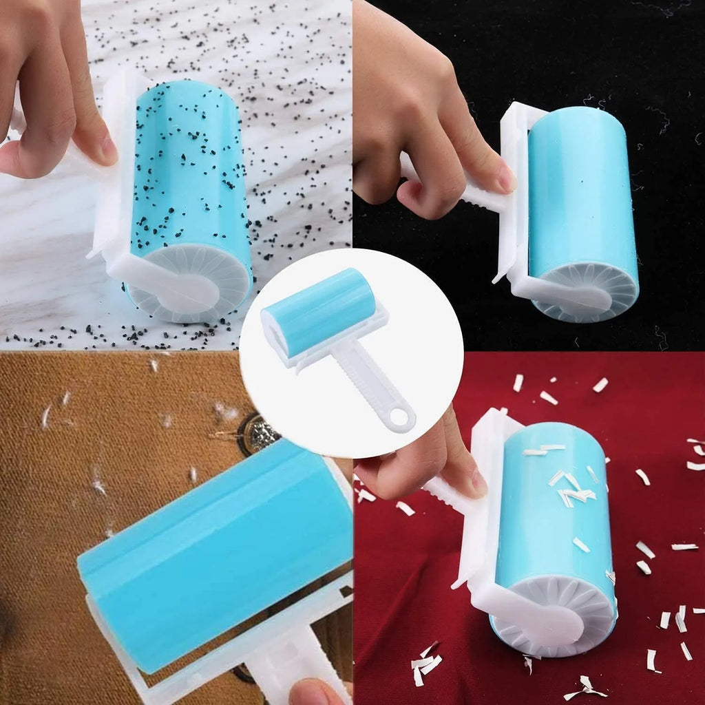 Washable reusable lint roller for removing pet hair from fabrics, shown with protective cover in blue, green, pink or yellow.