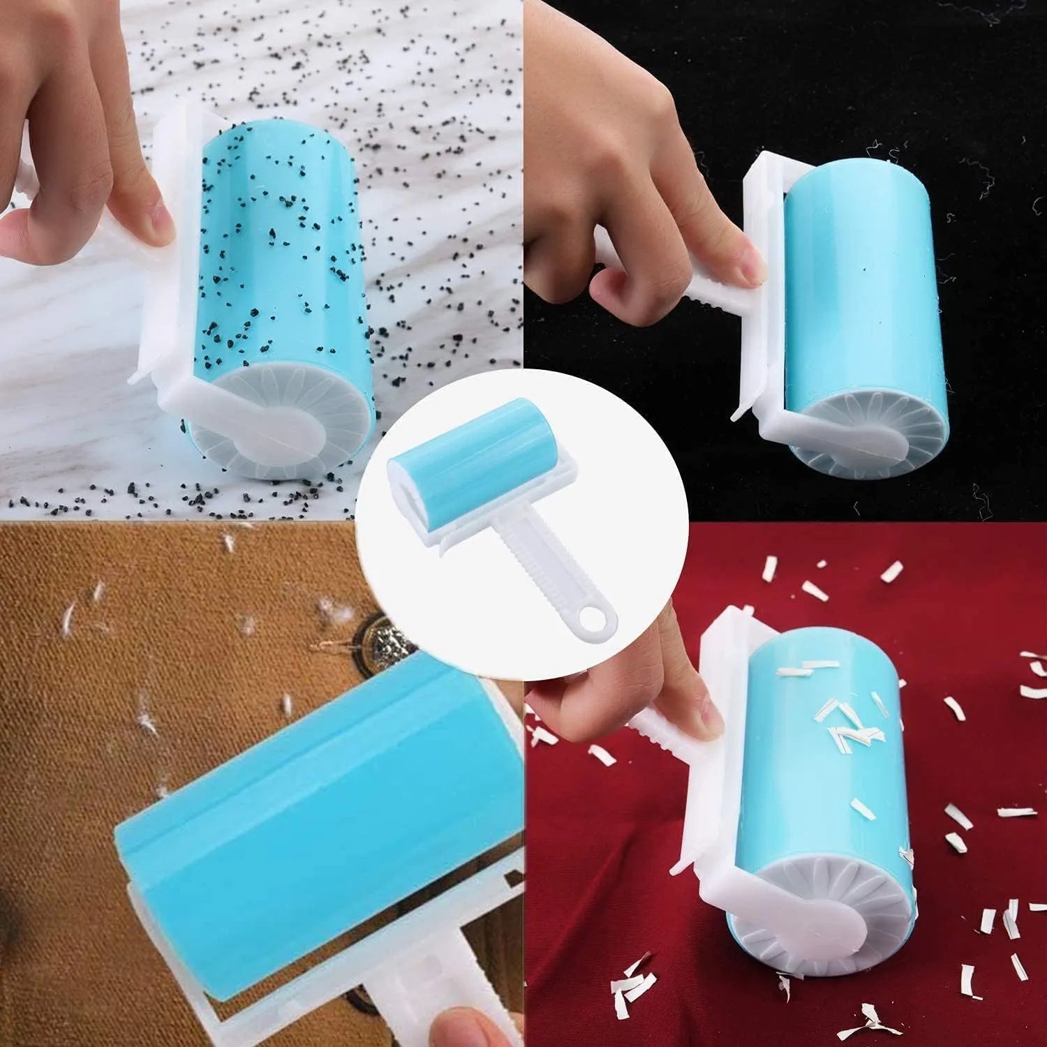 Washable reusable lint roller for removing pet hair from fabrics, shown with protective cover in blue, green, pink or yellow.