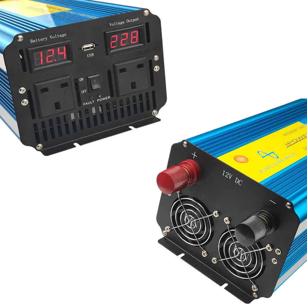 Blue 3000W pure sine wave car power inverter with digital display and remote control for UK sockets