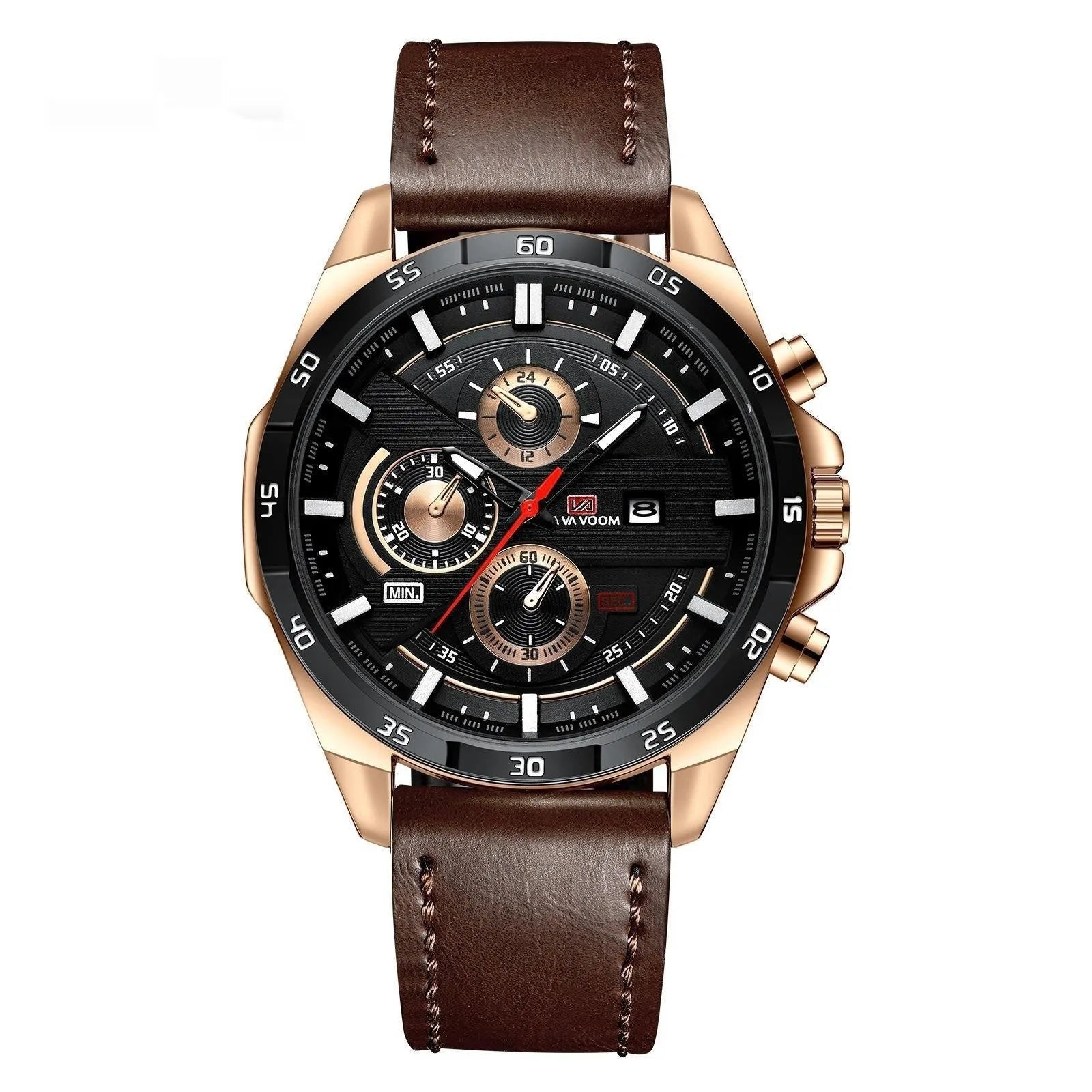 Men's casual wristwatch showing day-date window at 3 o'clock on a black dial with a rose gold case.