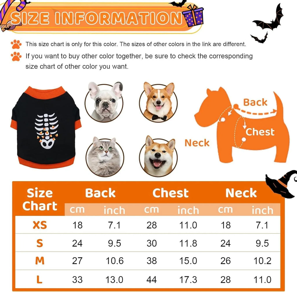 Halloween dog skeleton costume sweatshirt in Orange or White for small dogs and cats, sizes XS to XL.
