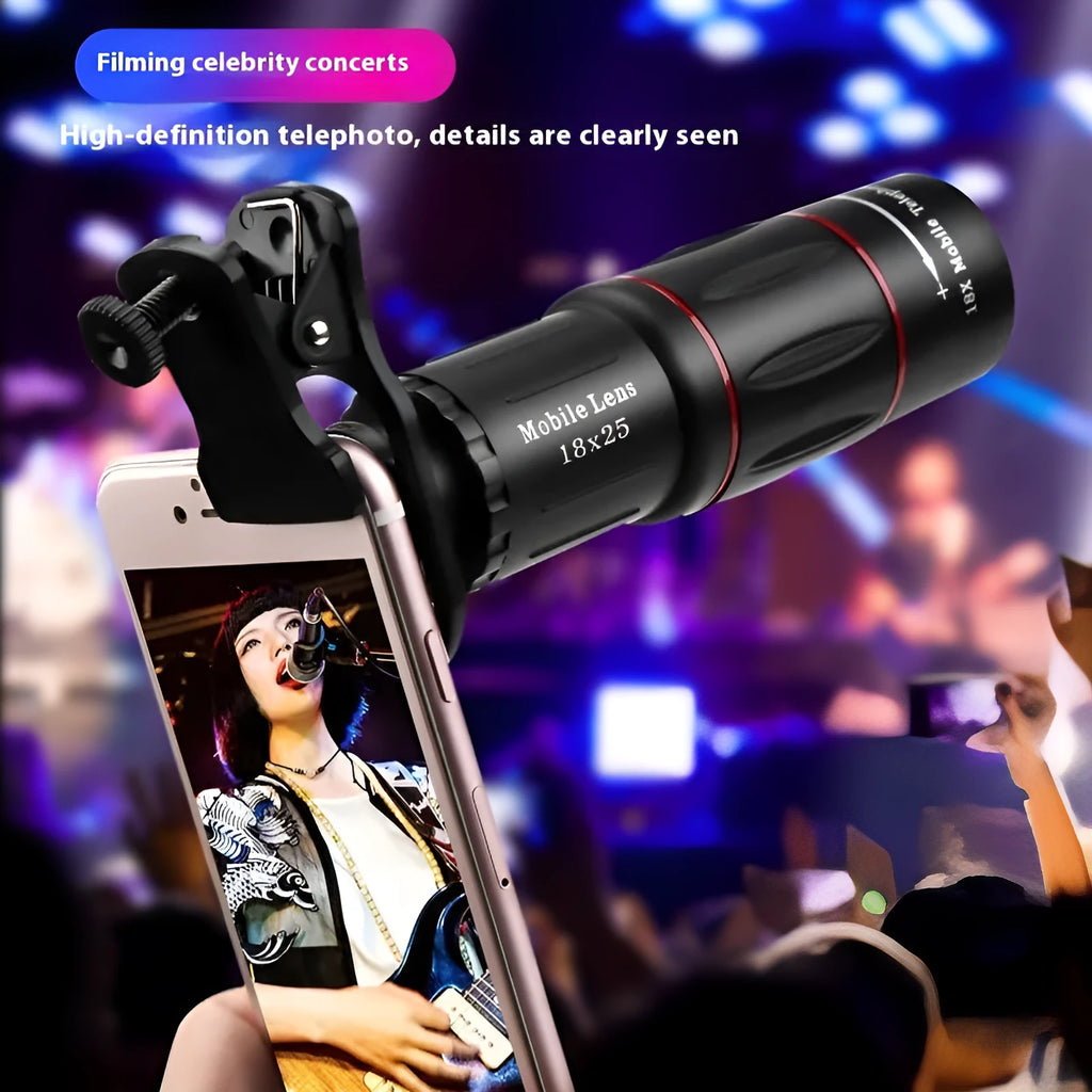 18x universal external telephoto lens for mobile phones with clip-on fitting and optional handheld bracket